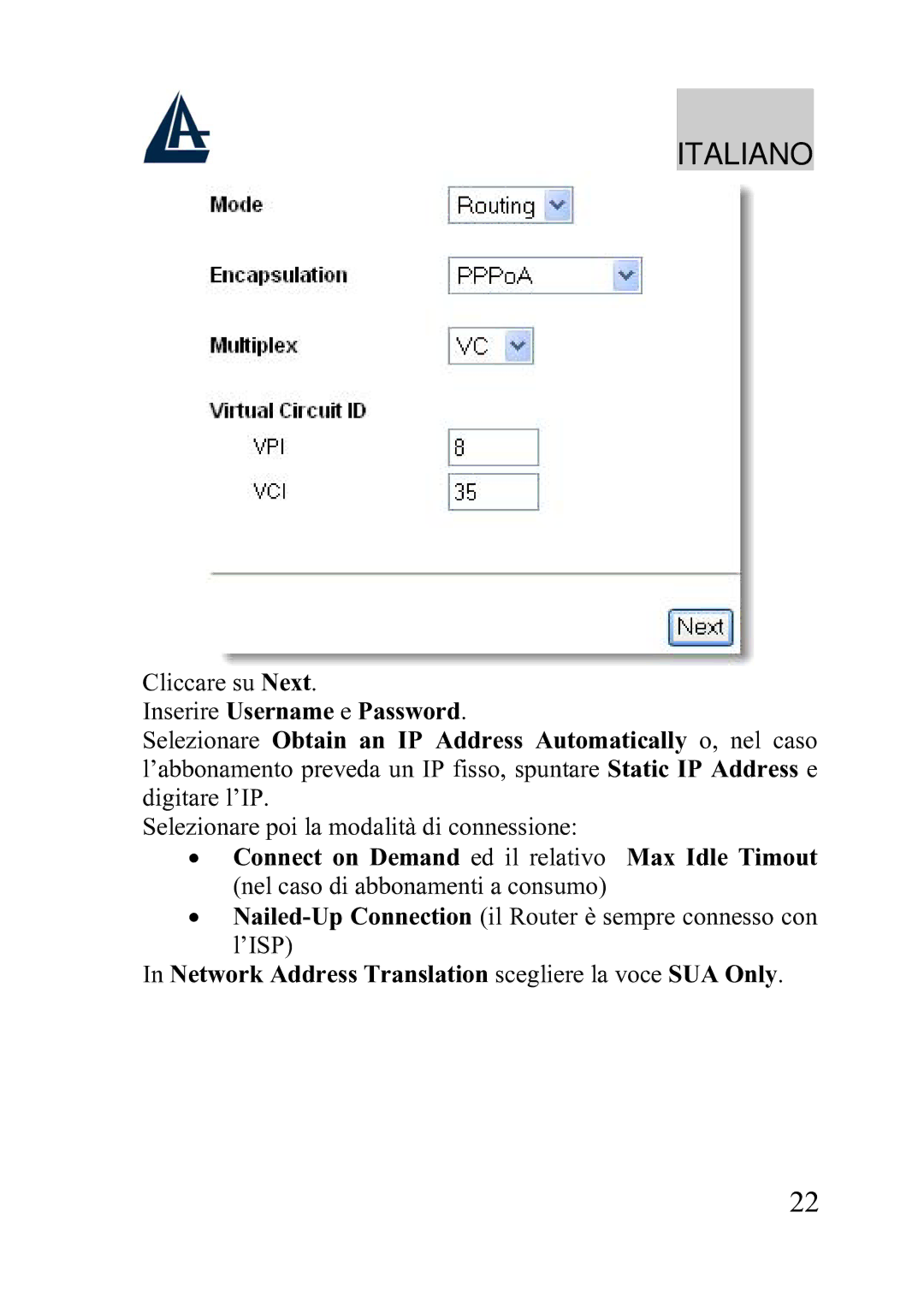 Atlantis Land A02-WRA2-11B manual Network Address Translation scegliere la voce SUA Only 