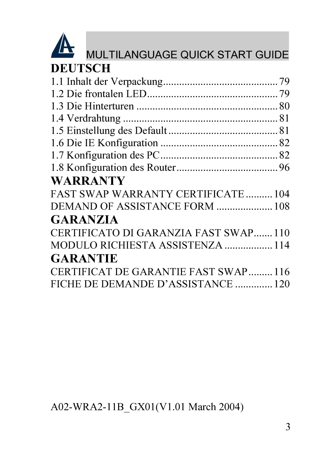 Atlantis Land A02-WRA2-11B manual Warranty 