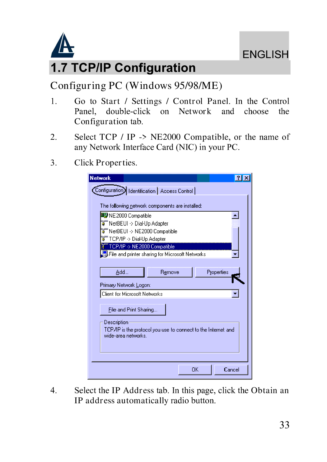 Atlantis Land A02-WRA2-11B manual TCP/IP Configuration, Configuring PC Windows 95/98/ME 