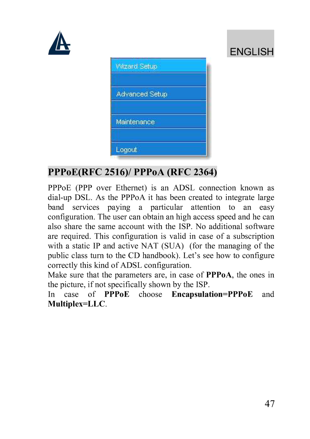 Atlantis Land A02-WRA2-11B manual Case of PPPoE choose Encapsulation=PPPoE and Multiplex=LLC 