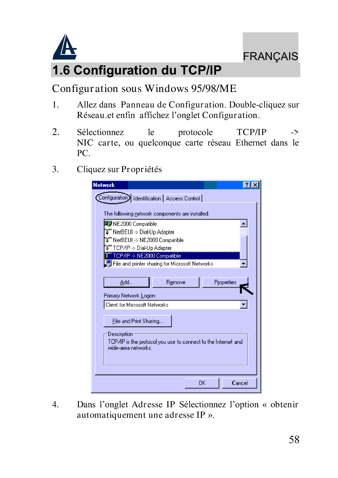 Atlantis Land A02-WRA2-11B manual Configuration du TCP/IP, Configuration sous Windows 95/98/ME 