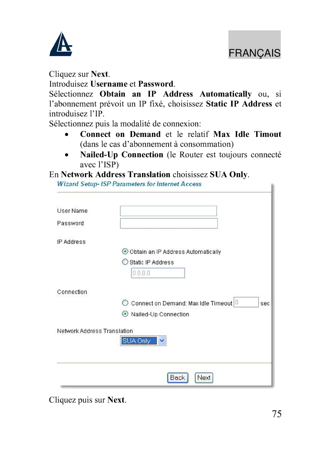 Atlantis Land A02-WRA2-11B manual En Network Address Translation choisissez SUA Only 