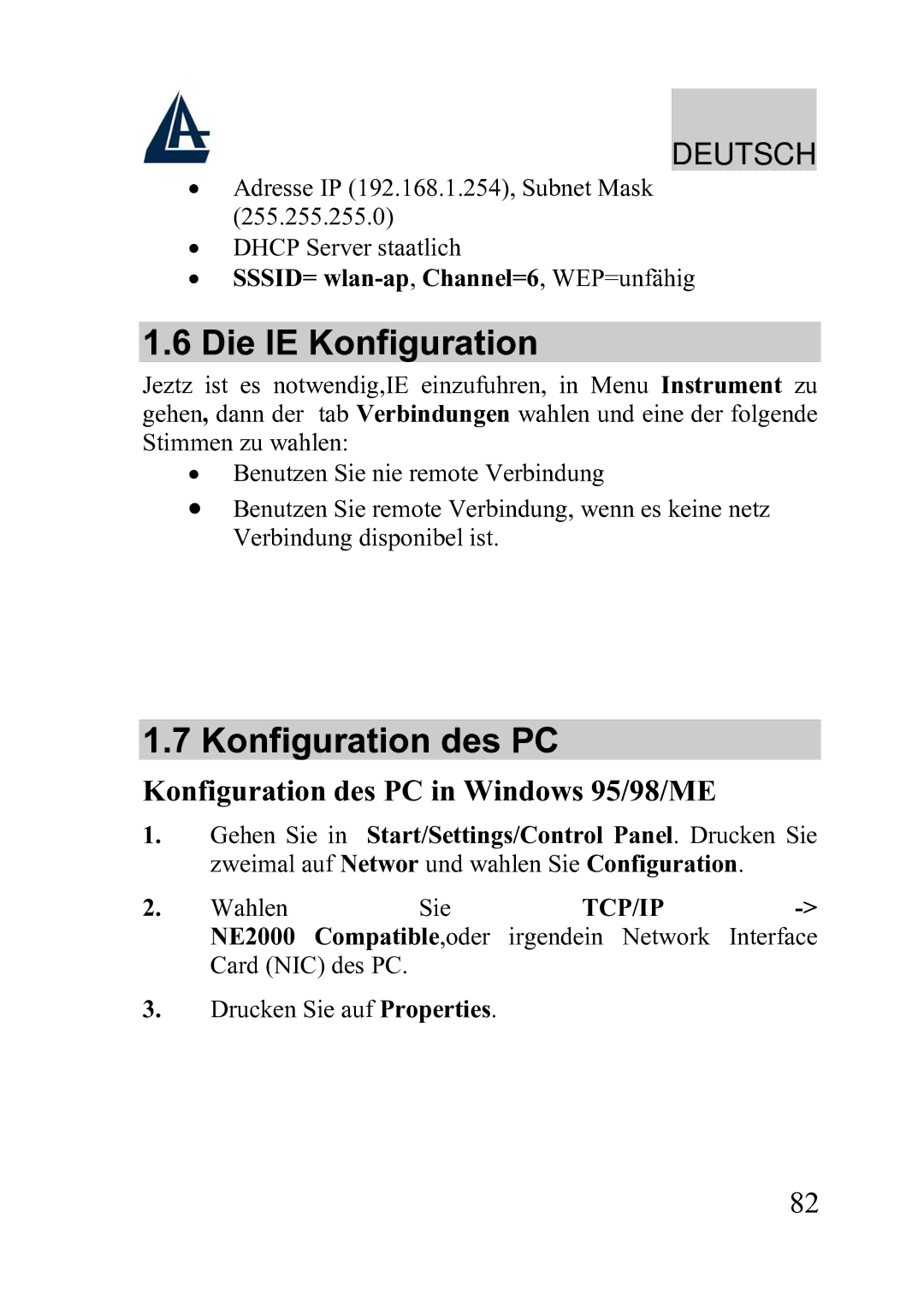 Atlantis Land A02-WRA2-11B manual Die IE Konfiguration, Konfiguration des PC in Windows 95/98/ME 