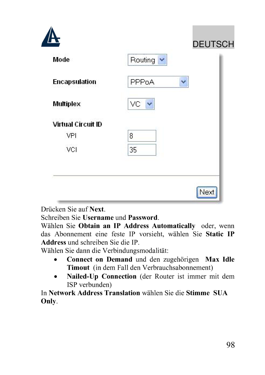 Atlantis Land A02-WRA2-11B manual Network Address Translation wählen Sie die Stimme SUA Only 