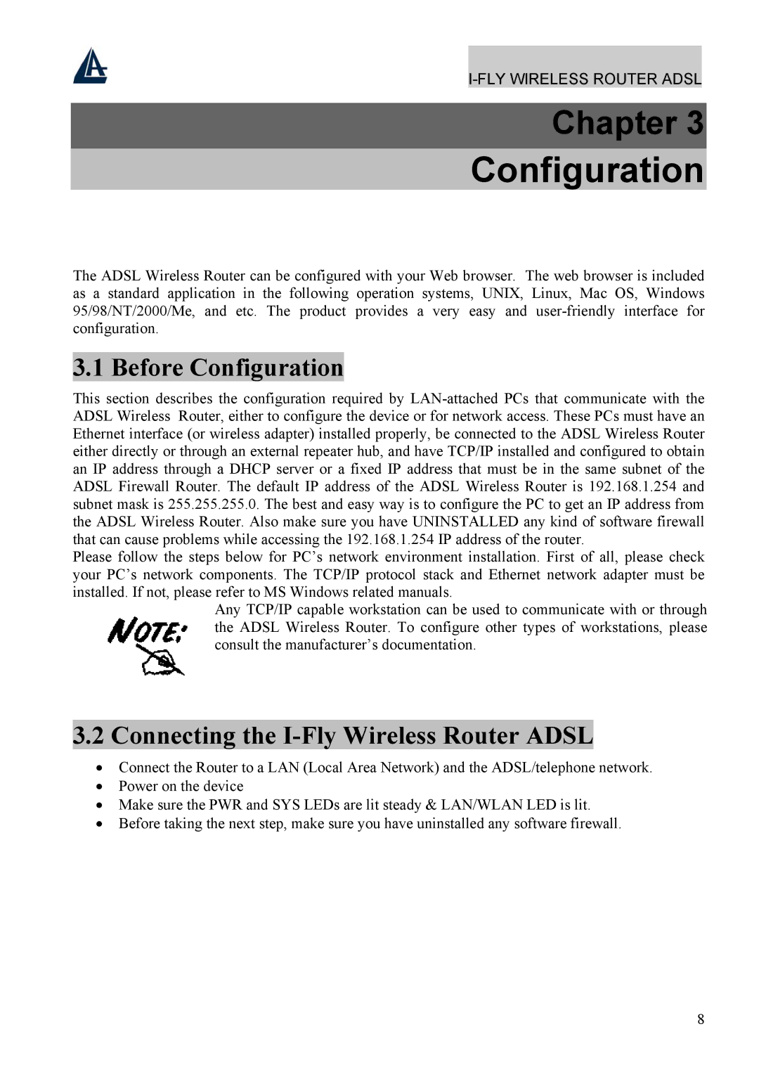 Atlantis Land A02-WRA4-54G manual Before Configuration, Connecting the I-Fly Wireless Router Adsl 