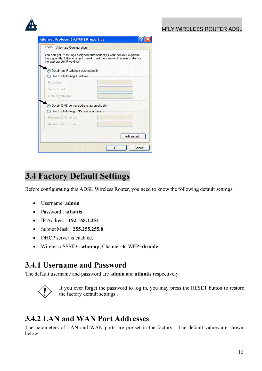 Atlantis Land A02-WRA4-54G manual Factory Default Settings, Username and Password, LAN and WAN Port Addresses 