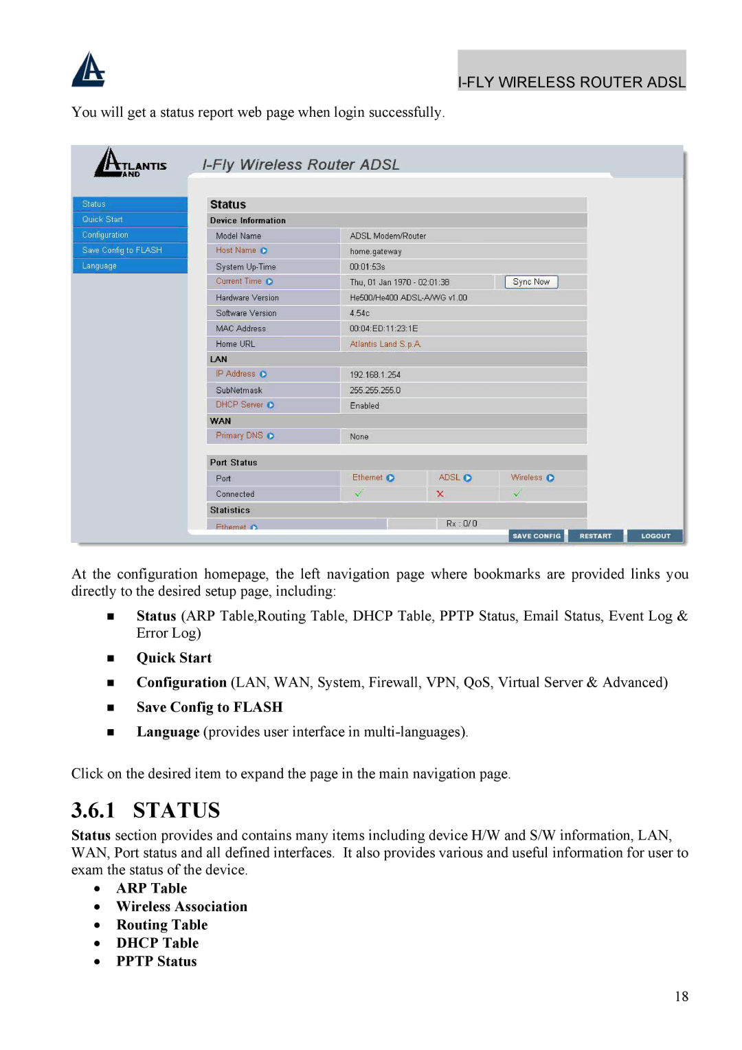 Atlantis Land A02-WRA4-54G manual Status, Quick Start, Save Config to Flash 