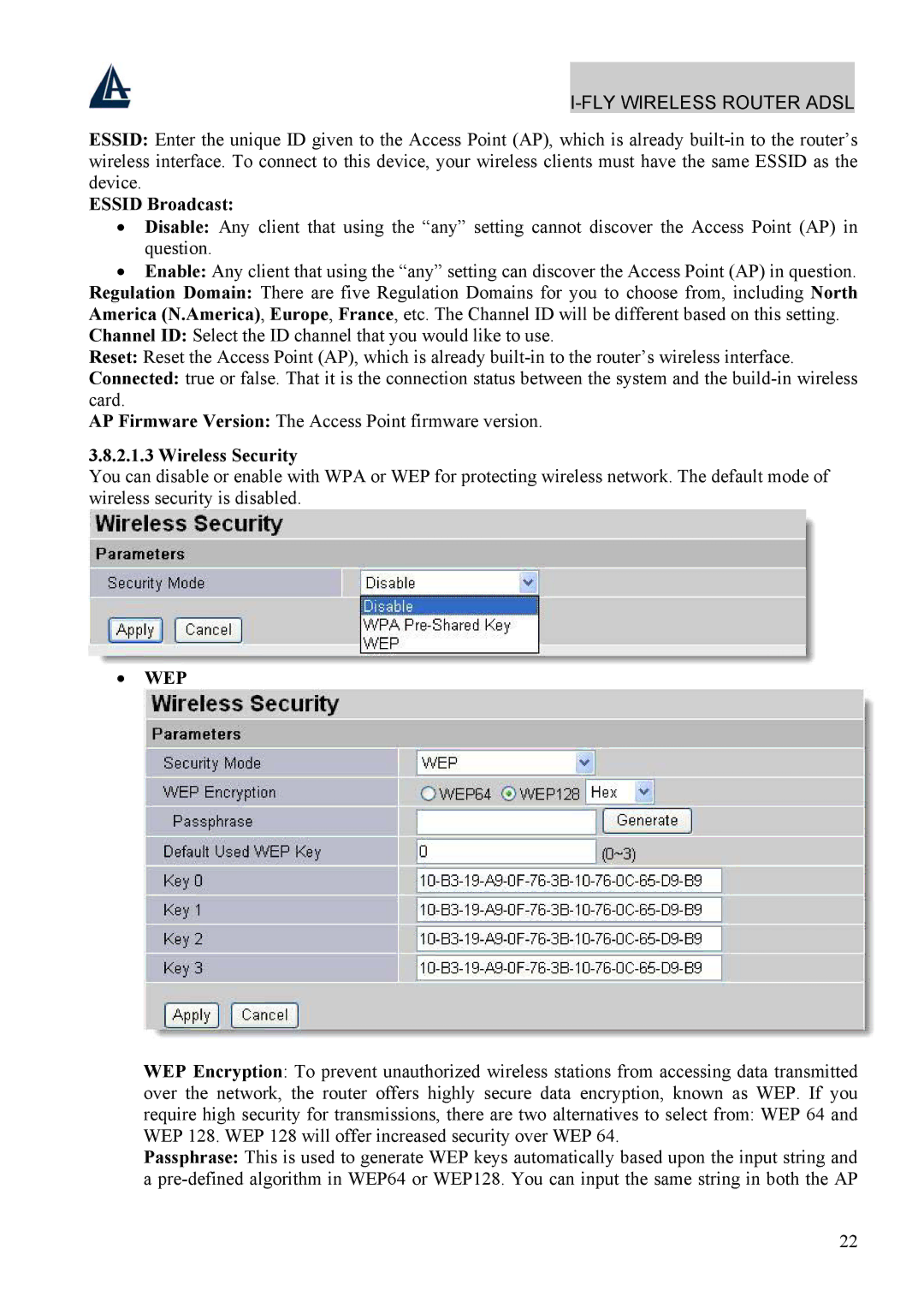 Atlantis Land A02-WRA4-54G manual Essid Broadcast, Wireless Security 