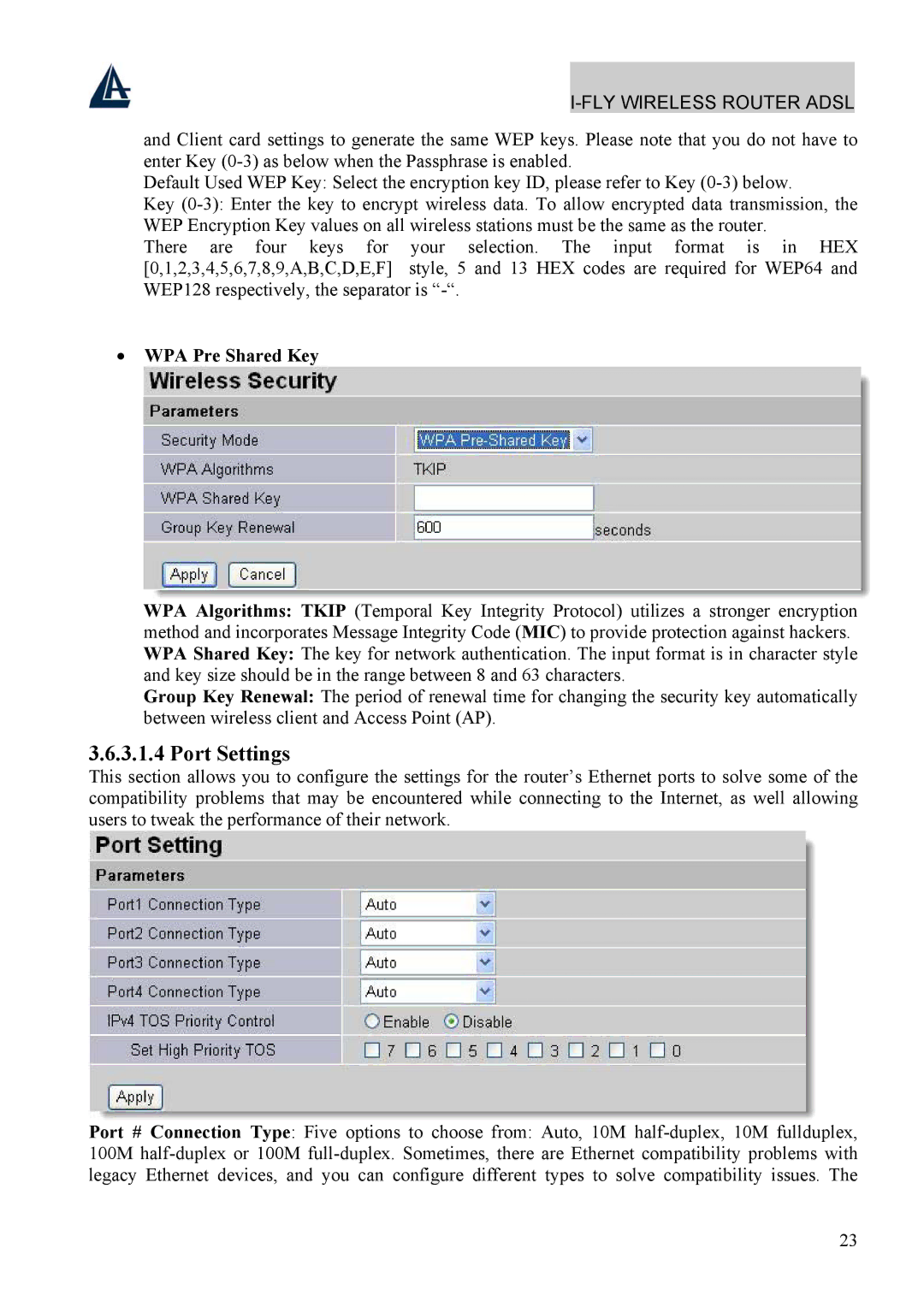 Atlantis Land A02-WRA4-54G manual Port Settings, WPA Pre Shared Key 