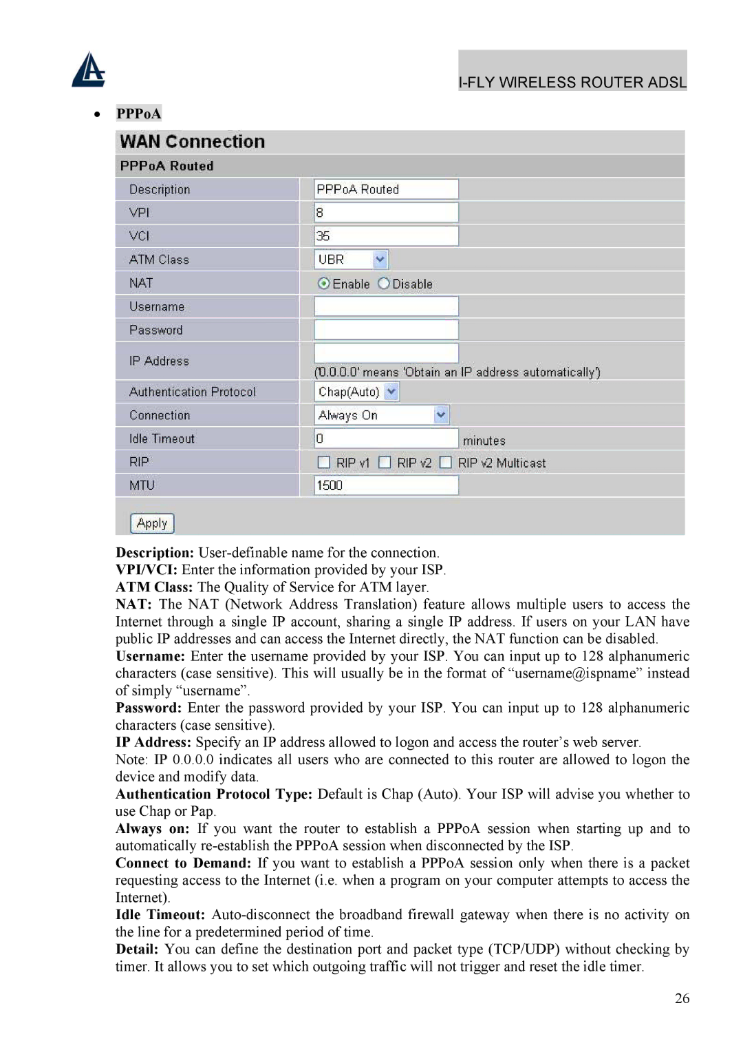 Atlantis Land A02-WRA4-54G manual PPPoA 