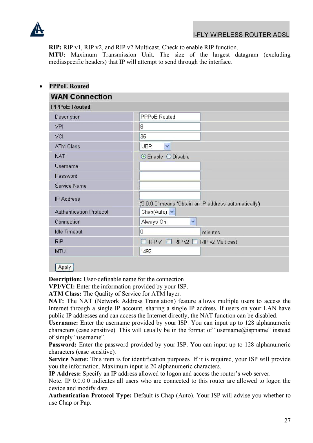 Atlantis Land A02-WRA4-54G manual PPPoE Routed 