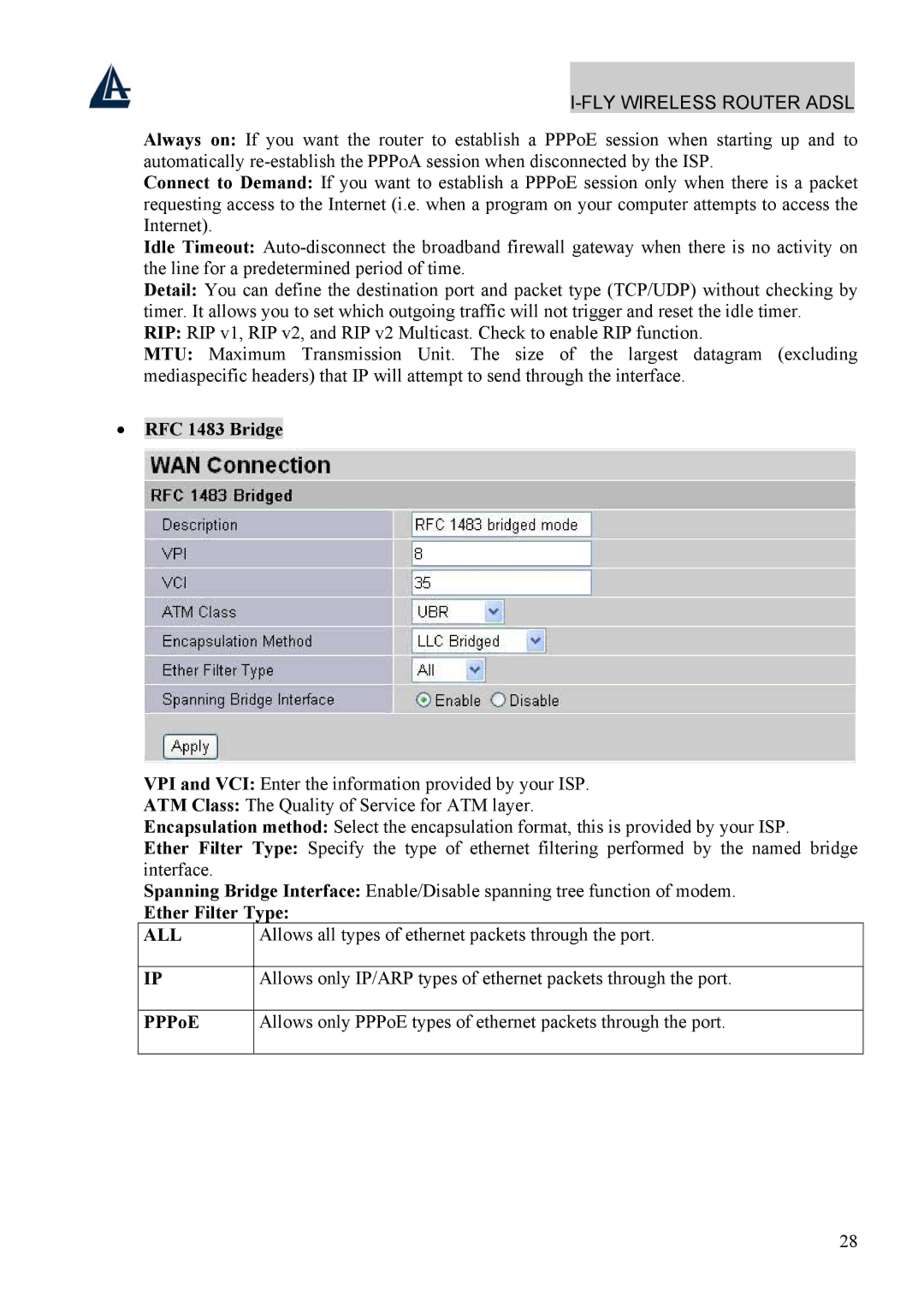 Atlantis Land A02-WRA4-54G manual RFC 1483 Bridge, Ether Filter Type, Allows all types of ethernet packets through the port 