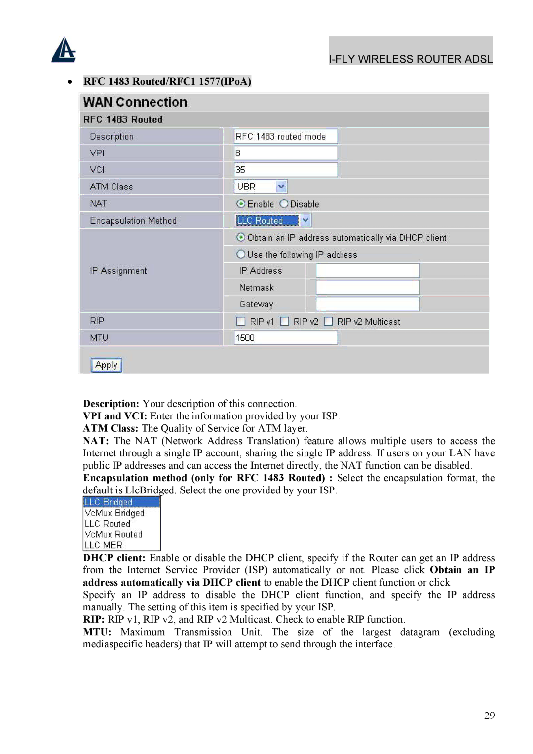 Atlantis Land A02-WRA4-54G manual RFC 1483 Routed/RFC1 1577IPoA 