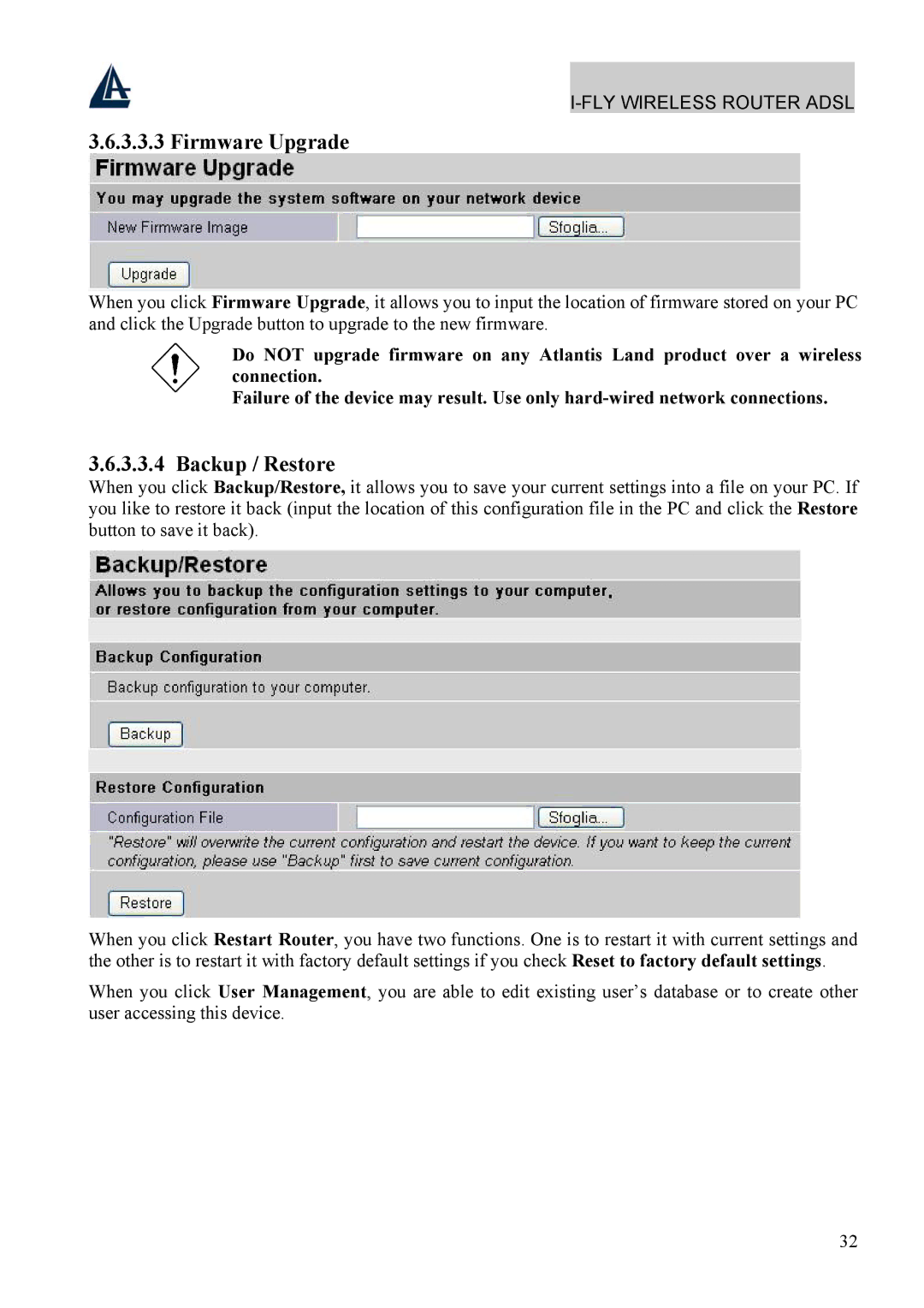 Atlantis Land A02-WRA4-54G manual Firmware Upgrade, Backup / Restore 