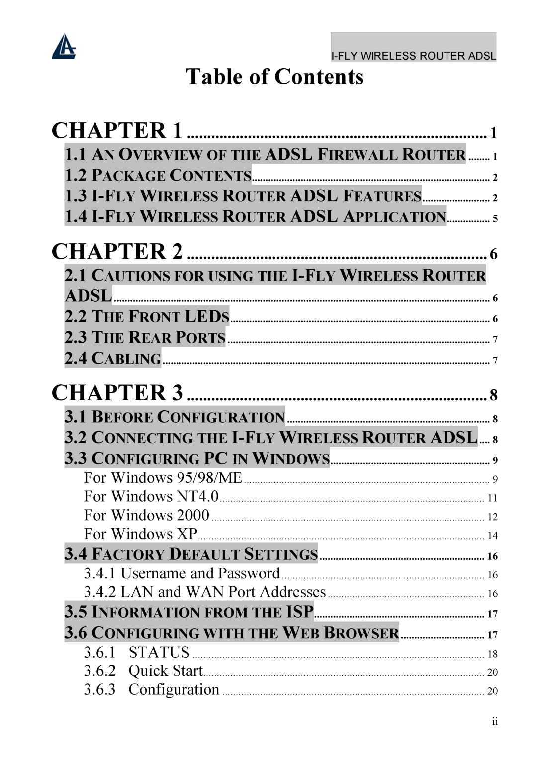 Atlantis Land A02-WRA4-54G manual Table of Contents 