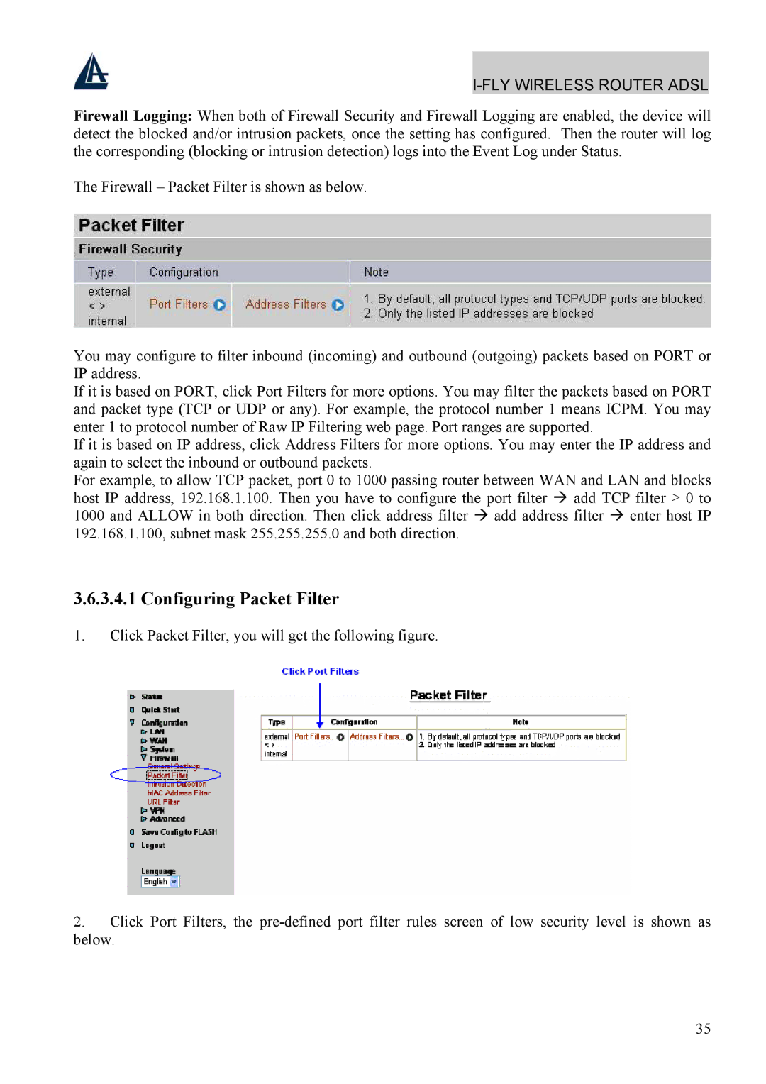 Atlantis Land A02-WRA4-54G manual Configuring Packet Filter 