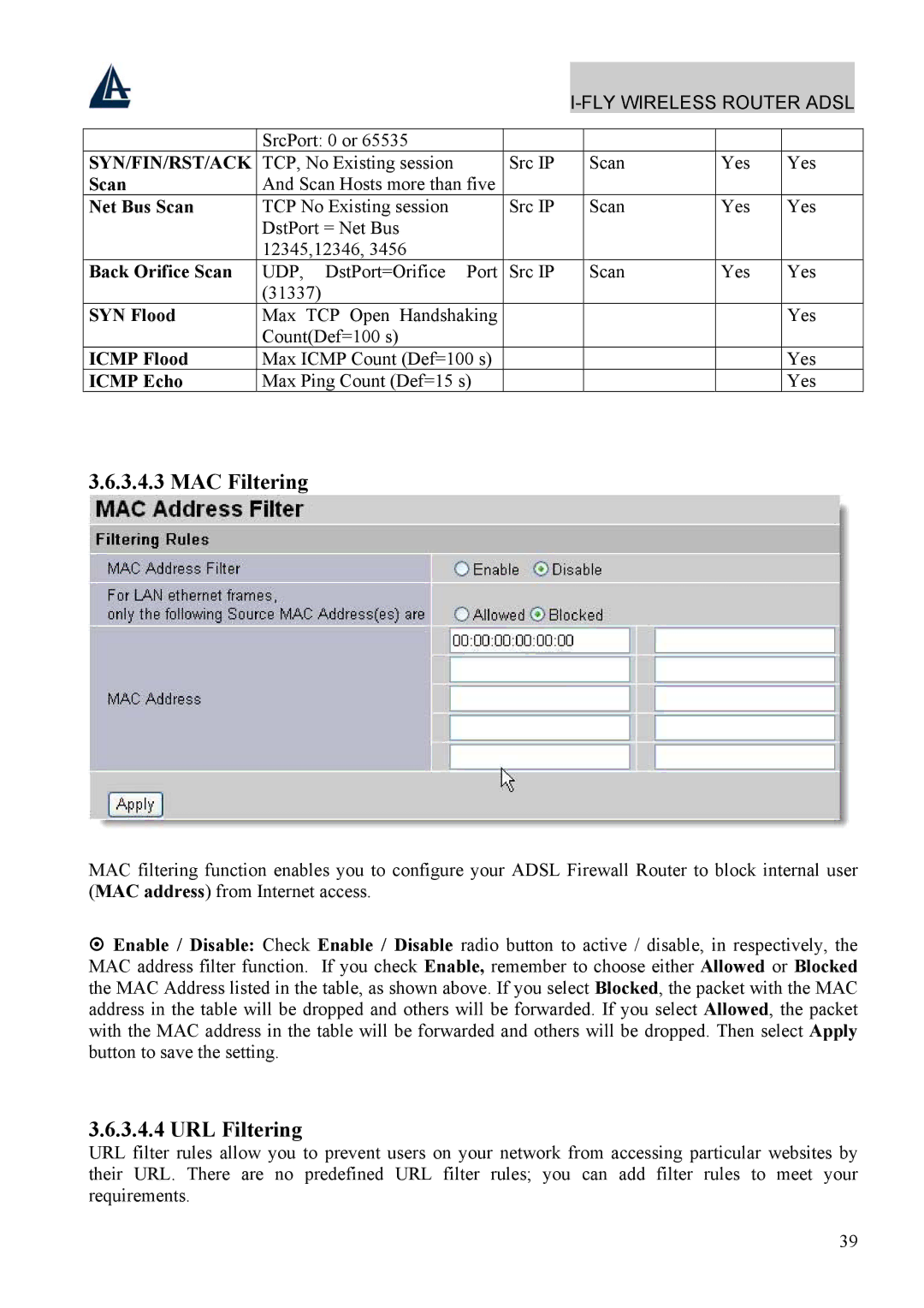 Atlantis Land A02-WRA4-54G manual MAC Filtering, URL Filtering 