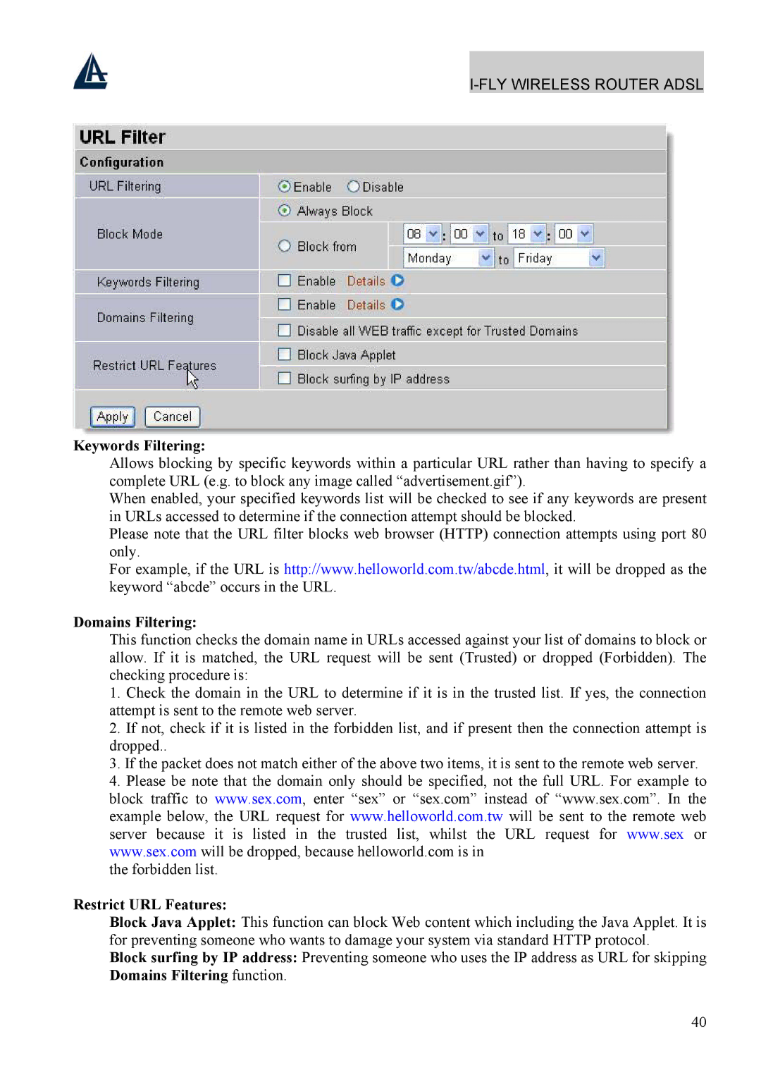 Atlantis Land A02-WRA4-54G manual Keywords Filtering, Domains Filtering, Restrict URL Features 