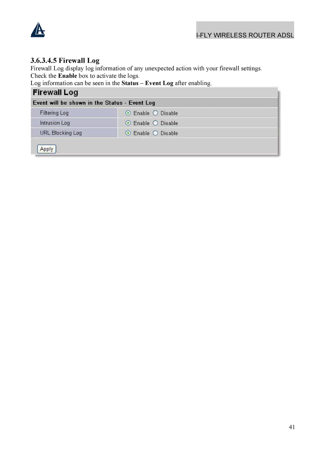 Atlantis Land A02-WRA4-54G manual Firewall Log 