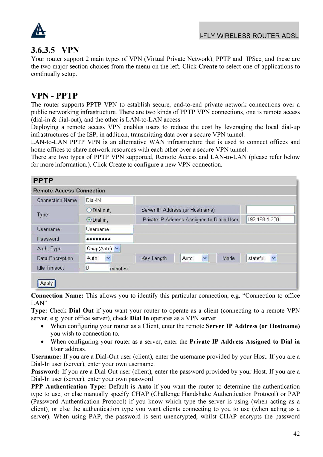 Atlantis Land A02-WRA4-54G manual 3.5 VPN, VPN Pptp 