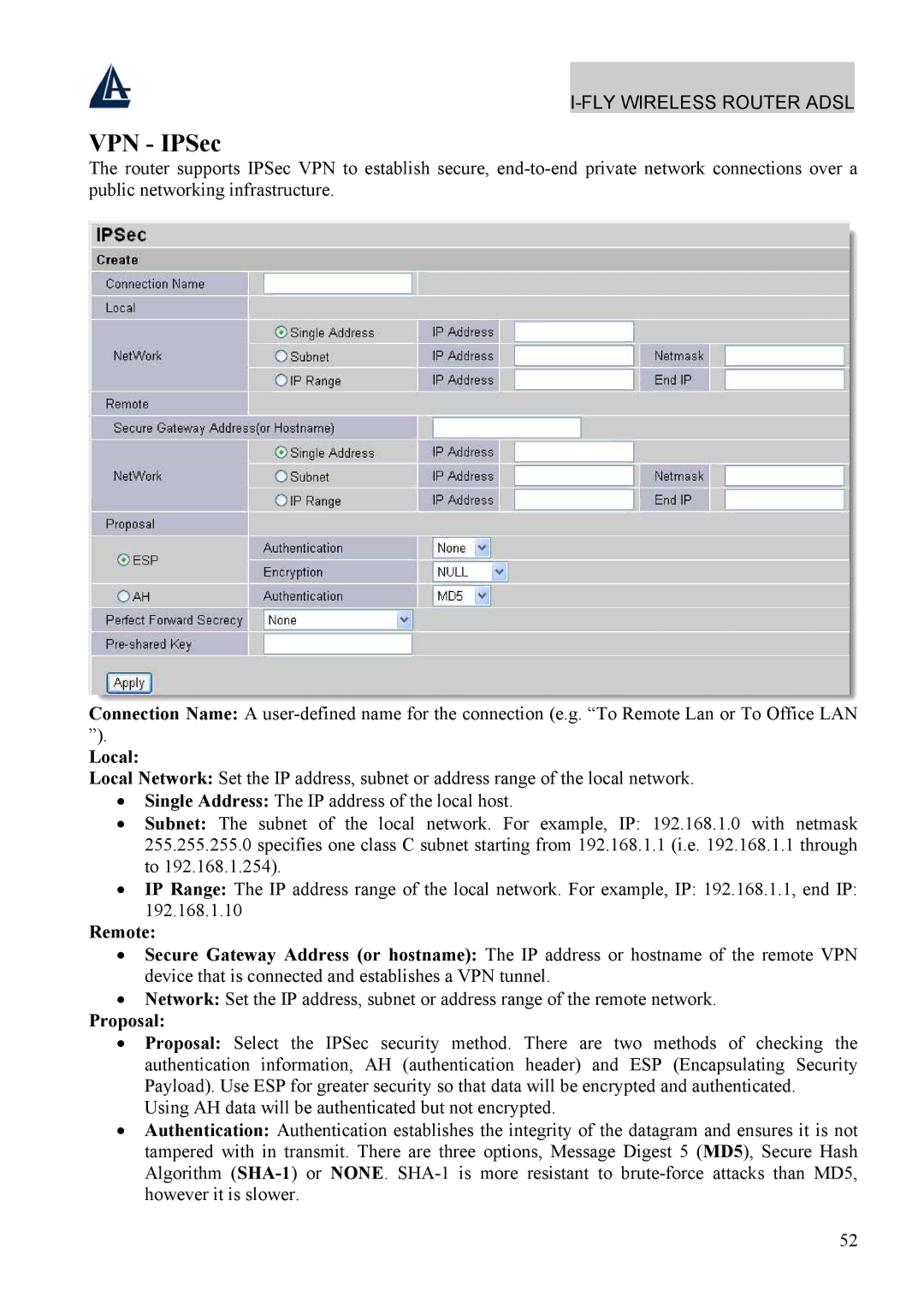 Atlantis Land A02-WRA4-54G manual VPN IPSec, Local, Remote, Proposal 