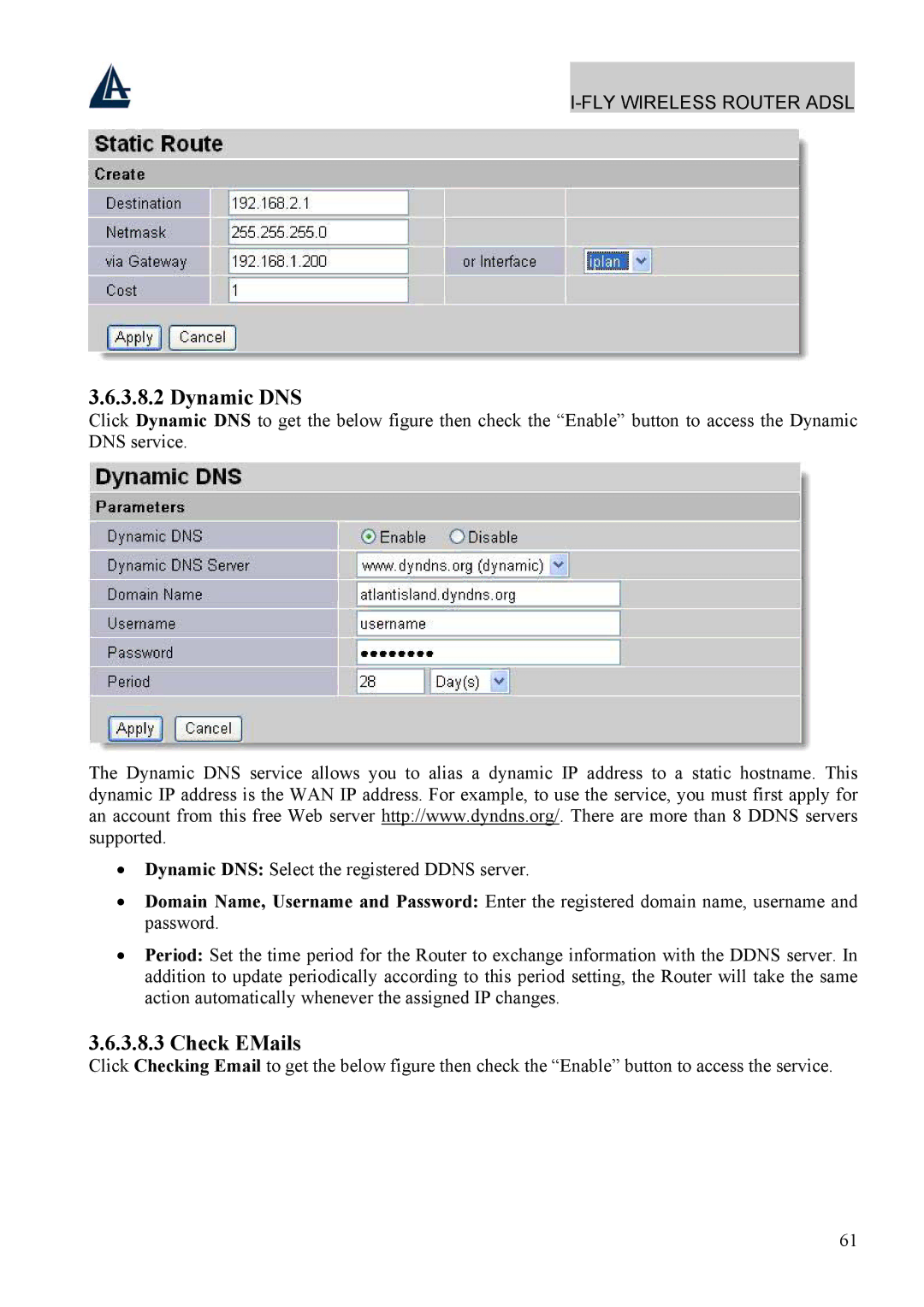 Atlantis Land A02-WRA4-54G manual Dynamic DNS, Check EMails 