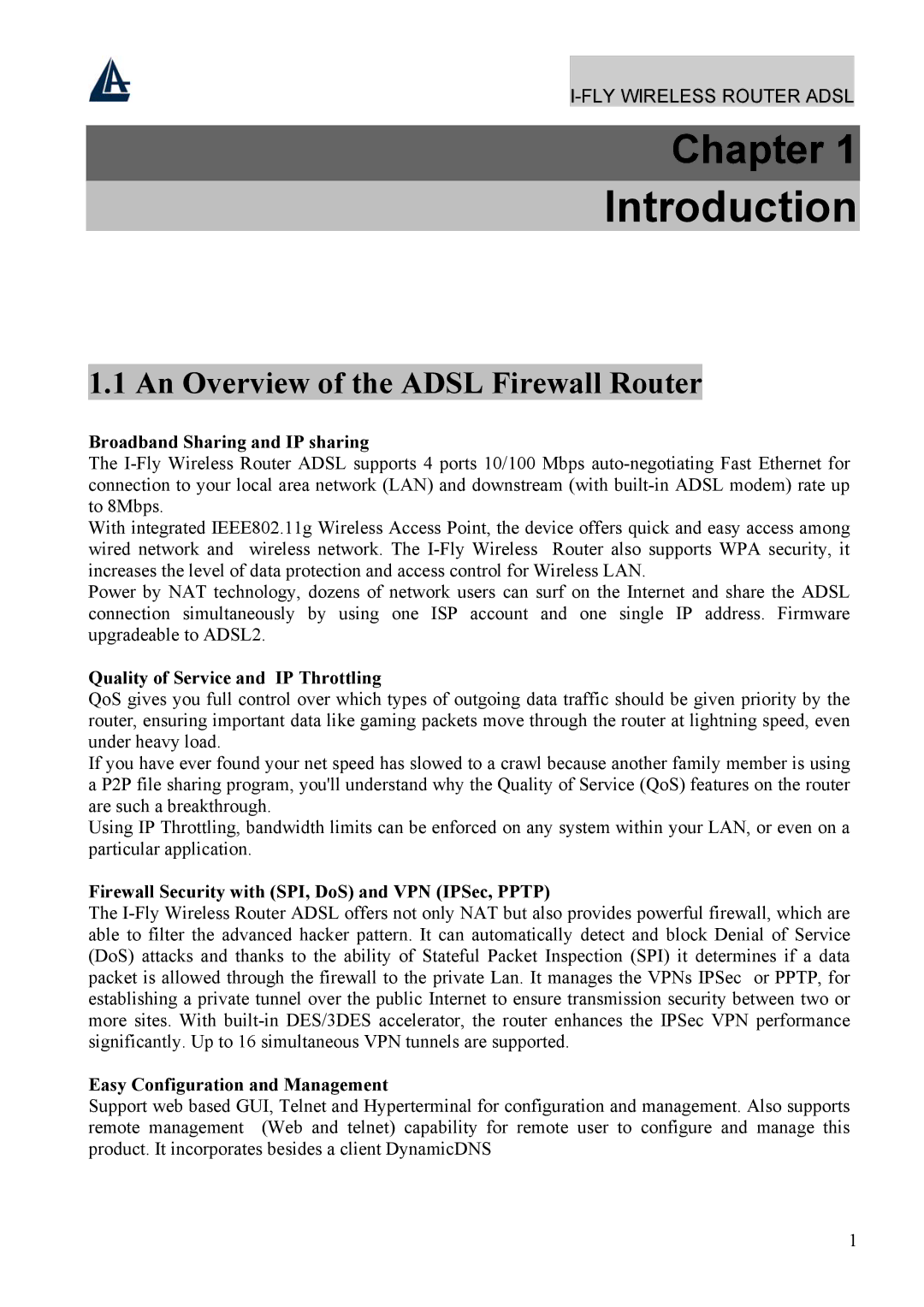 Atlantis Land A02-WRA4-54G manual An Overview of the Adsl Firewall Router, Broadband Sharing and IP sharing 