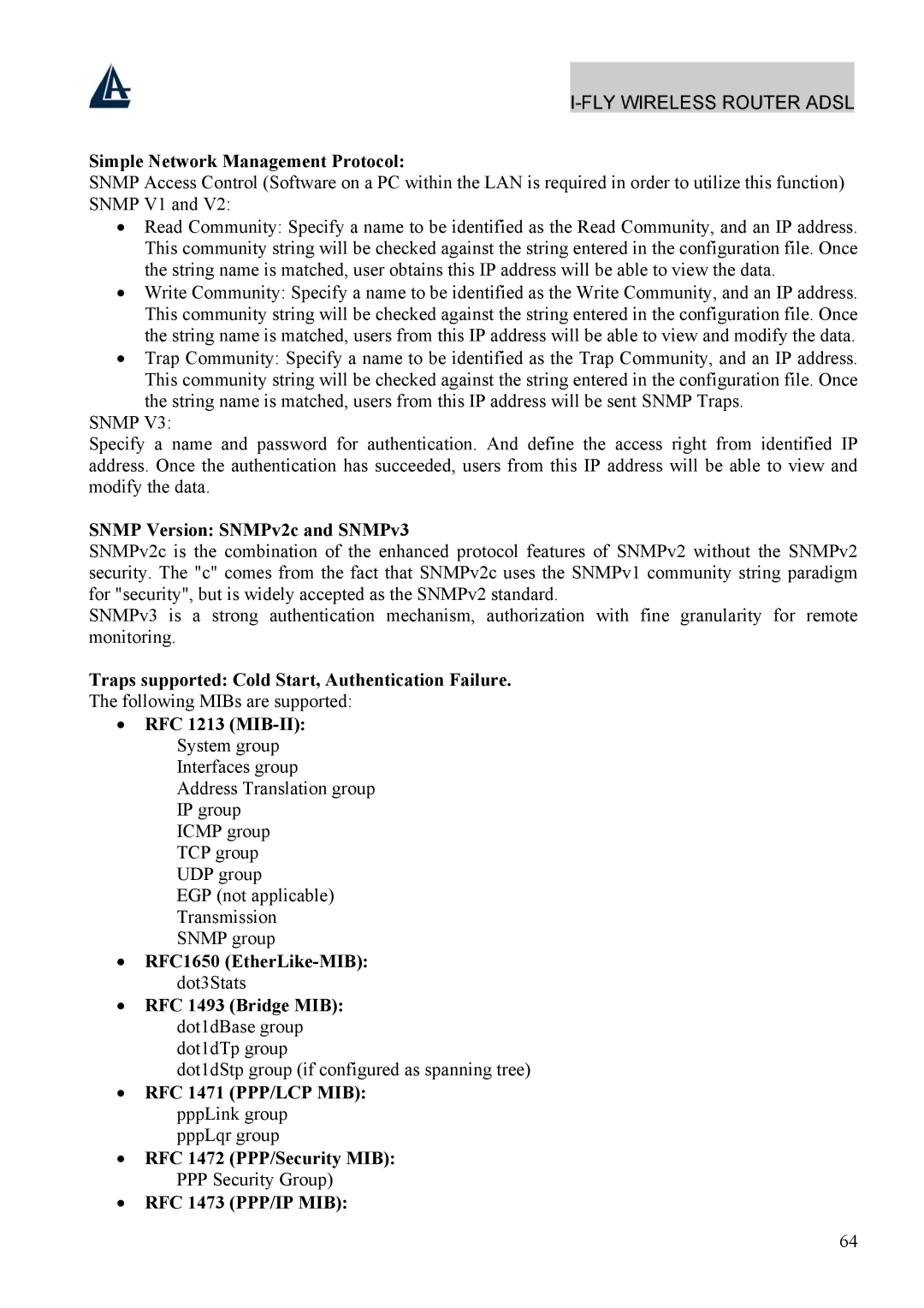 Atlantis Land A02-WRA4-54G manual Simple Network Management Protocol, Snmp Version SNMPv2c and SNMPv3, RFC 1471 PPP/LCP MIB 