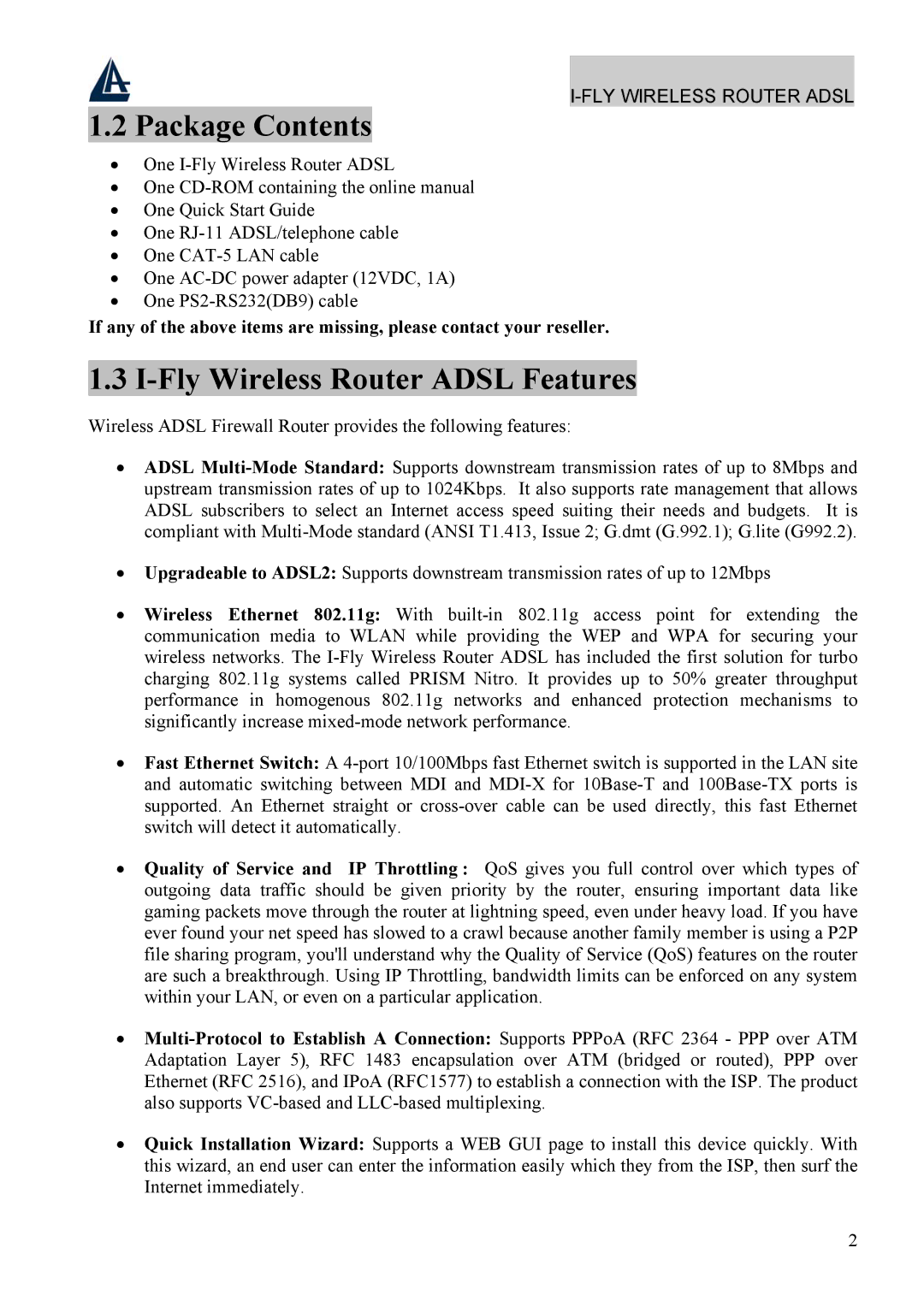 Atlantis Land A02-WRA4-54G manual Package Contents, Fly Wireless Router Adsl Features 