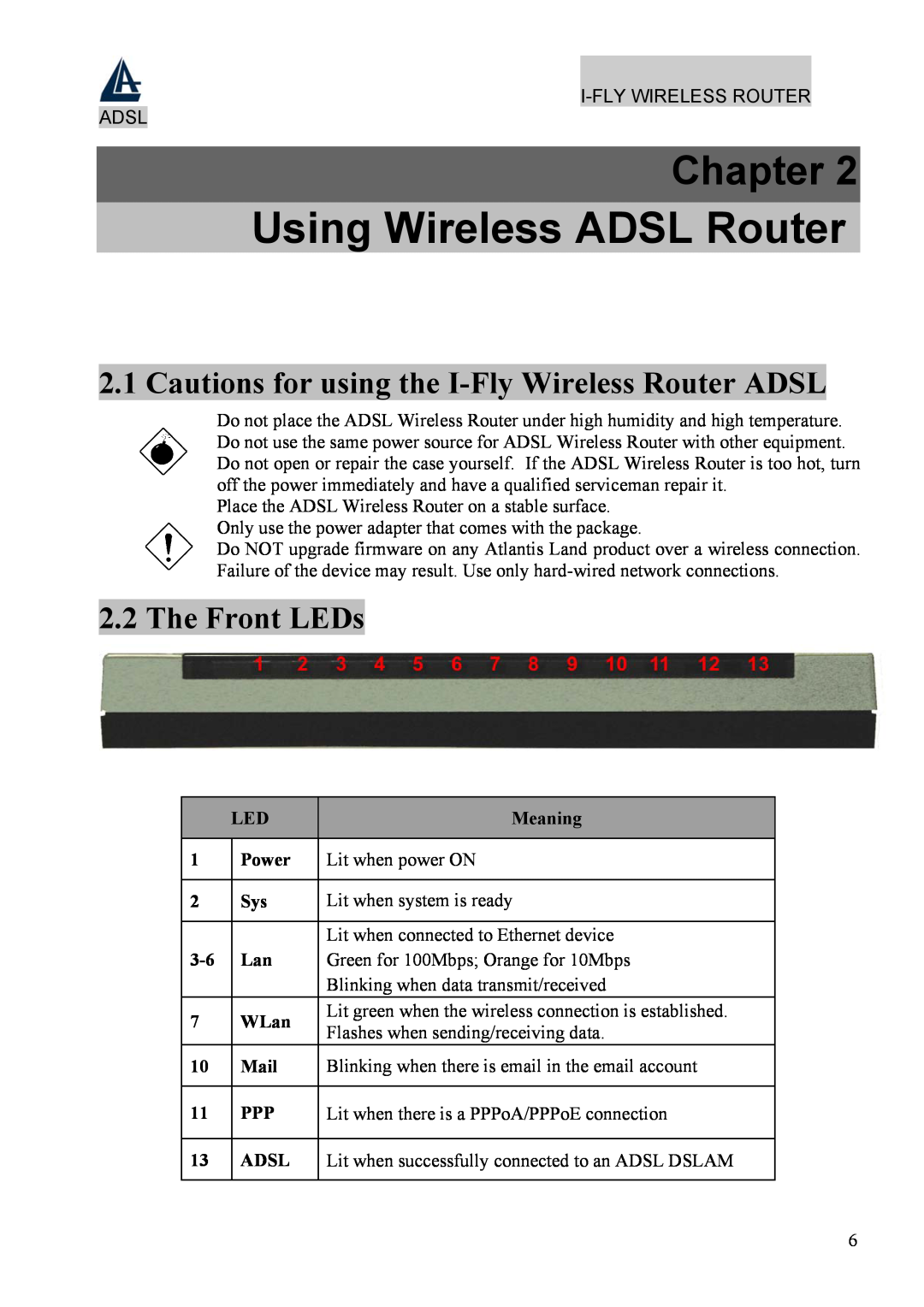 Atlantis Land A02-WRA4-54G Using Wireless ADSL Router, Cautions for using the I-Fly Wireless Router ADSL, The Front LEDs 