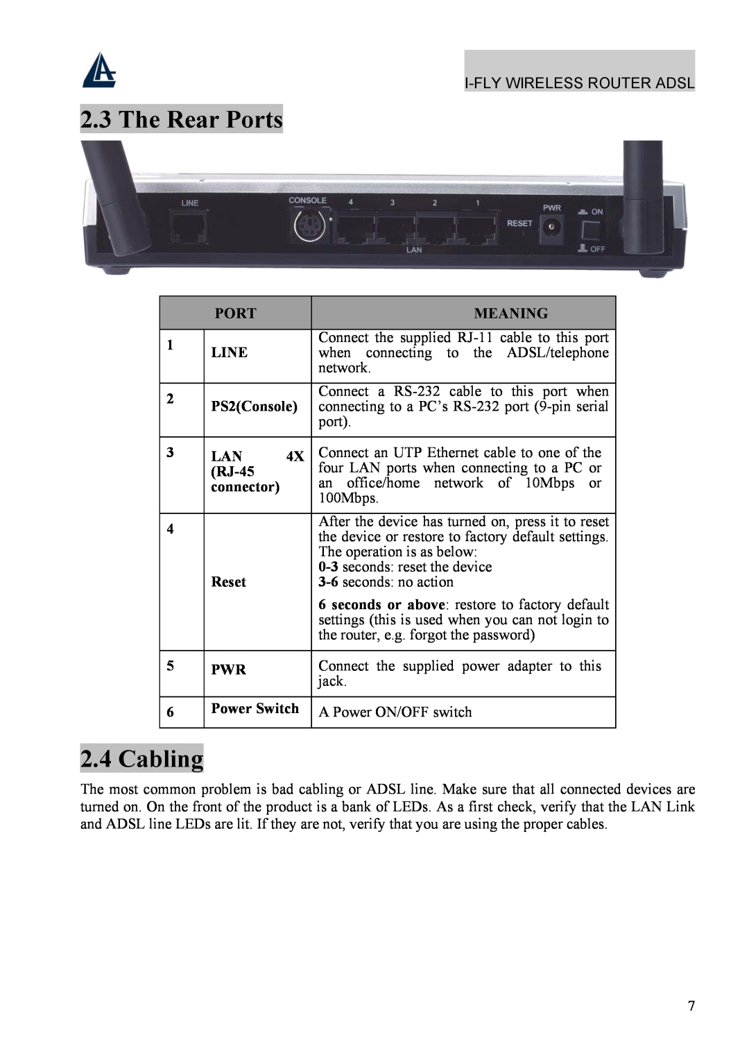 Atlantis Land A02-WRA4-54G manual The Rear Ports, Cabling, Meaning, Line, PS2Console, RJ-45, connector, Reset, Power Switch 