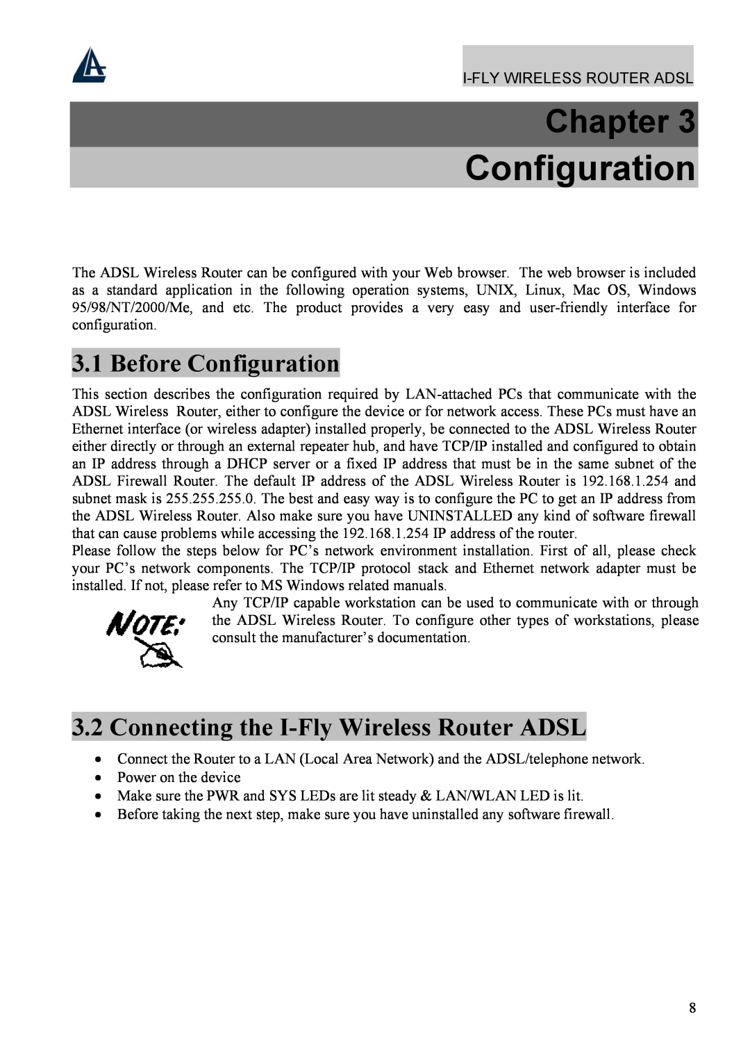 Atlantis Land A02-WRA4-54G manual Before Configuration, Connecting the I-Fly Wireless Router ADSL, Chapter 
