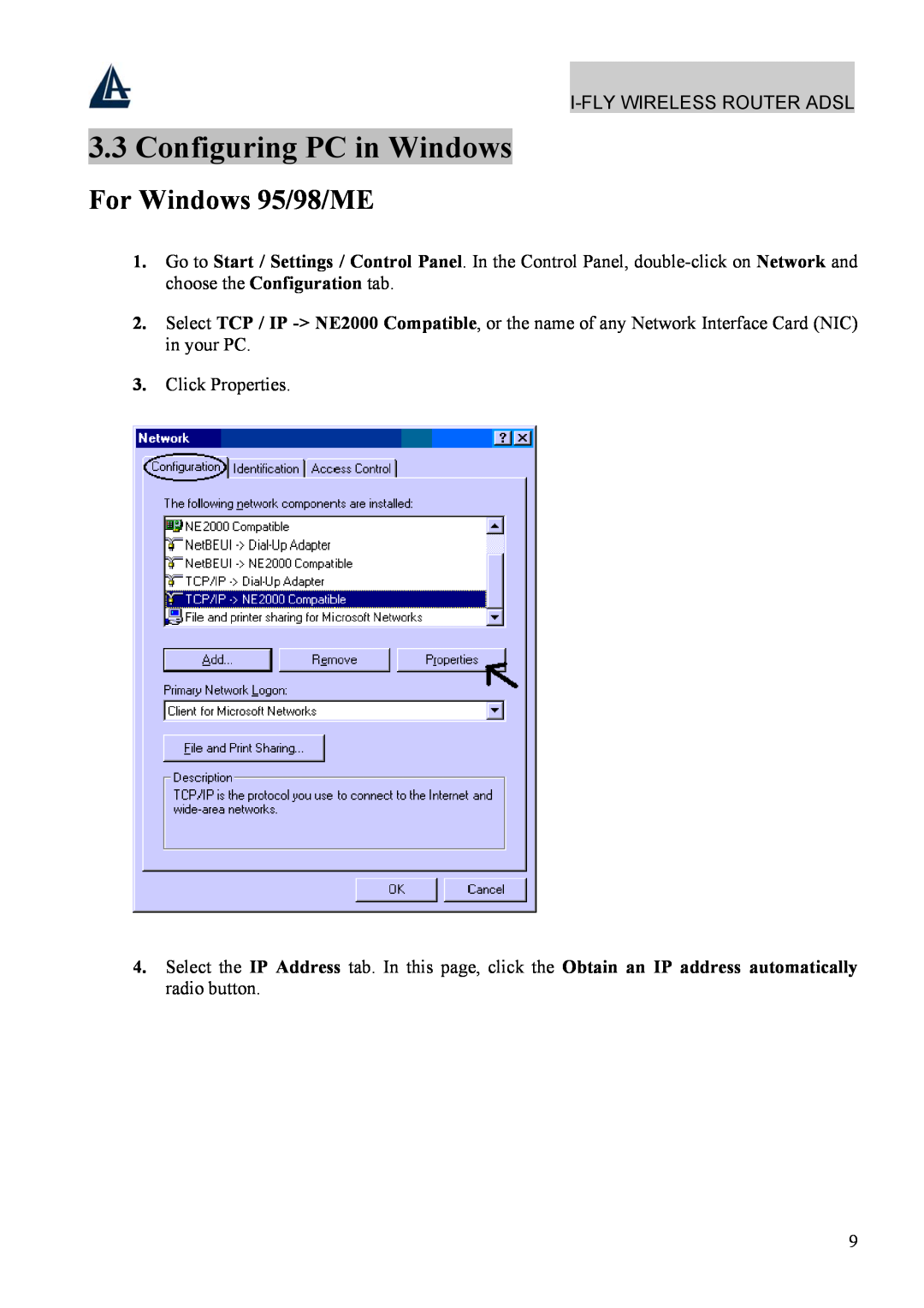 Atlantis Land A02-WRA4-54G manual Configuring PC in Windows, For Windows 95/98/ME 