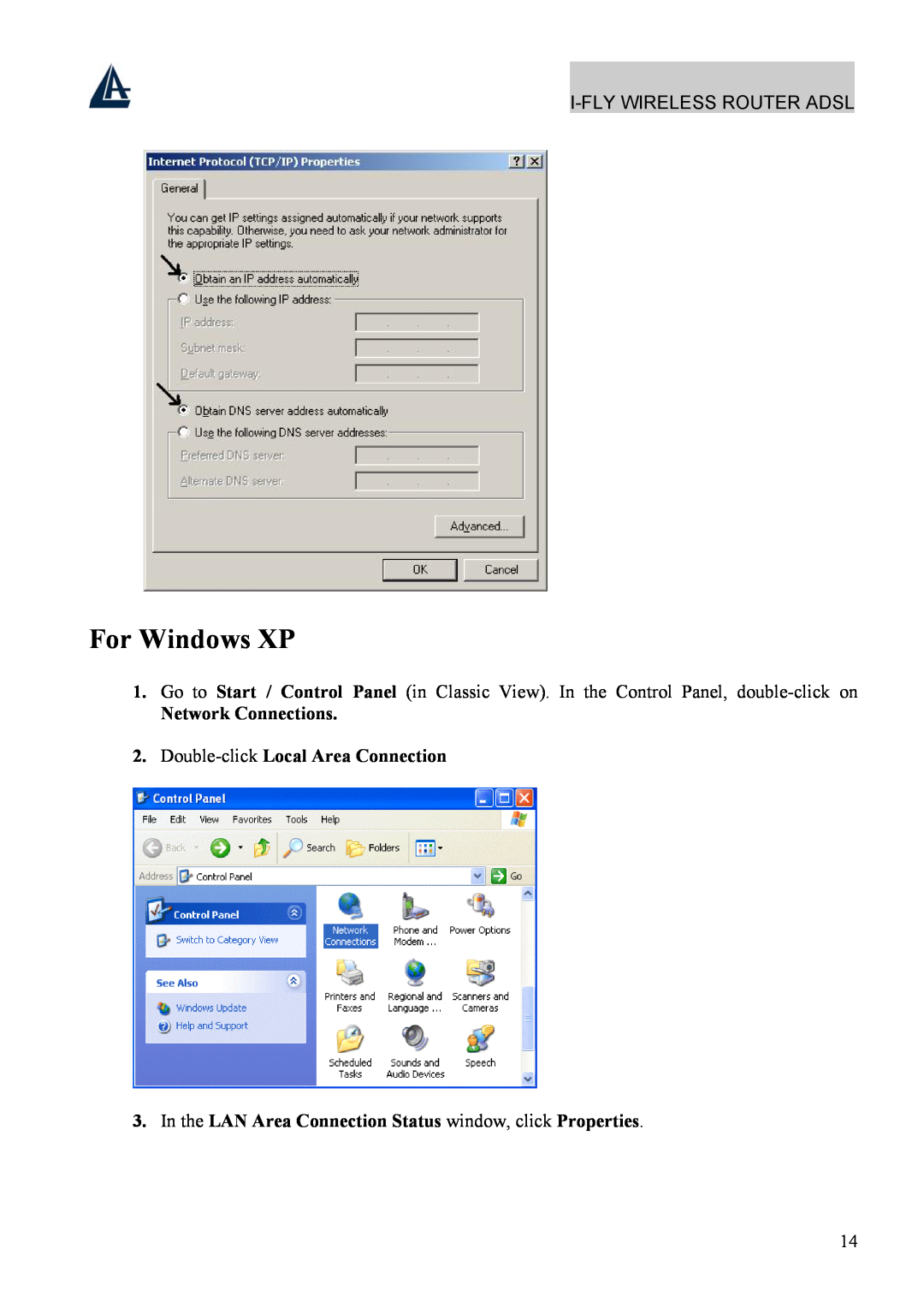 Atlantis Land A02-WRA4-54G manual For Windows XP, Network Connections 2. Double-click Local Area Connection 