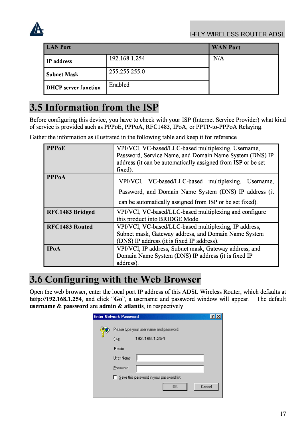 Atlantis Land A02-WRA4-54G Information from the ISP, Configuring with the Web Browser, WAN Port, 192.168.1.254, Enabled 