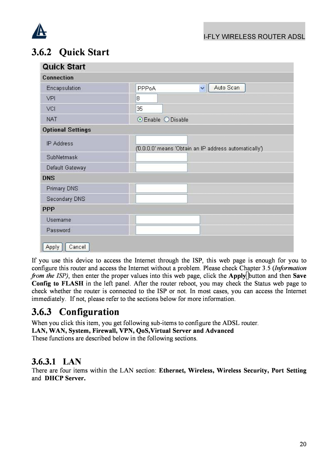 Atlantis Land A02-WRA4-54G manual Quick Start, Configuration, 3.6.3.1 LAN 