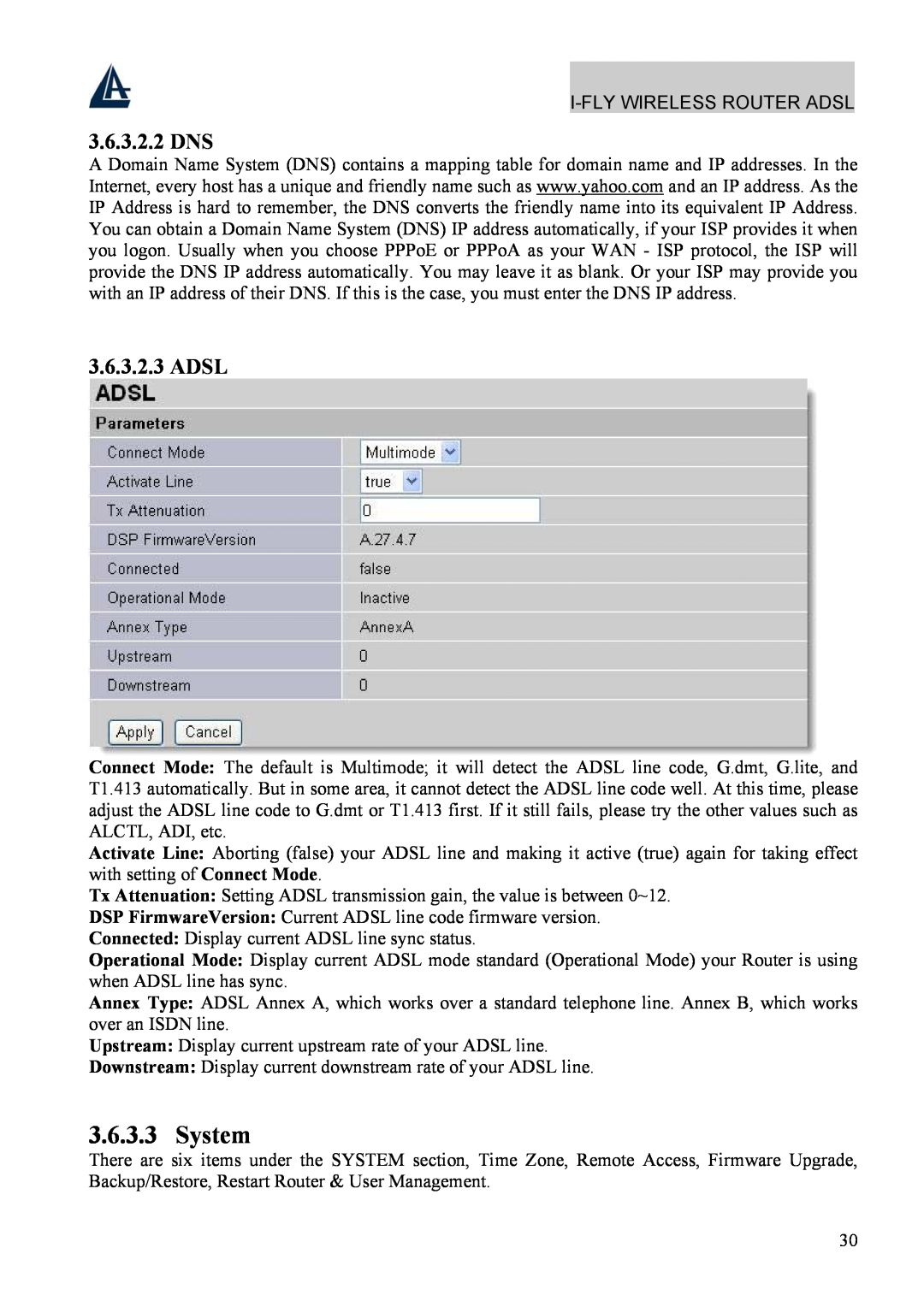 Atlantis Land A02-WRA4-54G manual System, 3.6.3.2.2 DNS, Adsl 