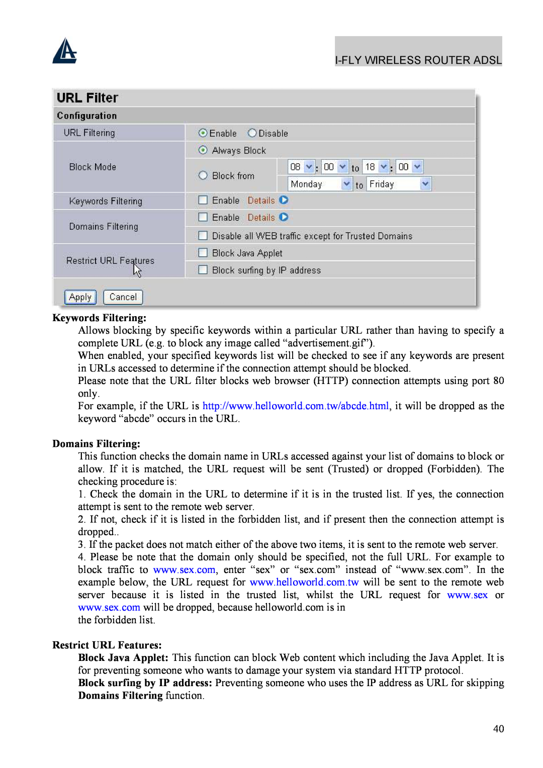 Atlantis Land A02-WRA4-54G manual Keywords Filtering, Domains Filtering, Restrict URL Features 