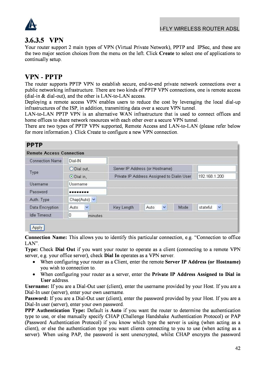 Atlantis Land A02-WRA4-54G manual 3.6.3.5 VPN, Vpn - Pptp 
