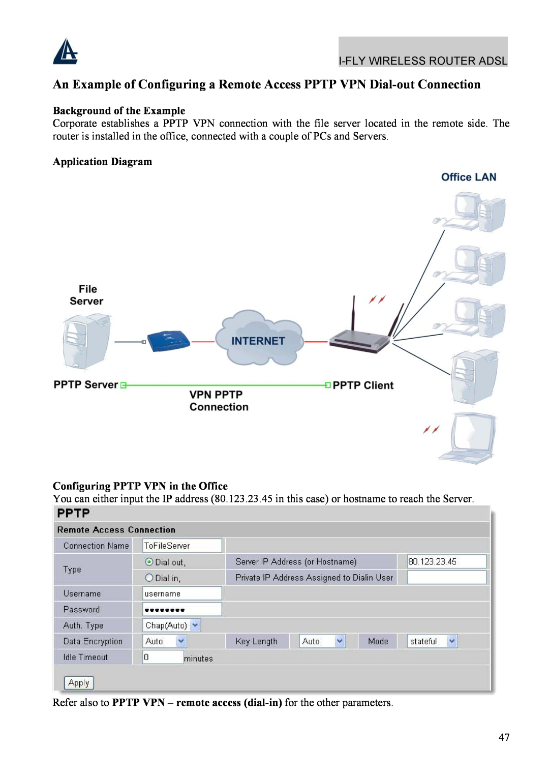 Atlantis Land A02-WRA4-54G manual Application Diagram Configuring PPTP VPN in the Office, Background of the Example 