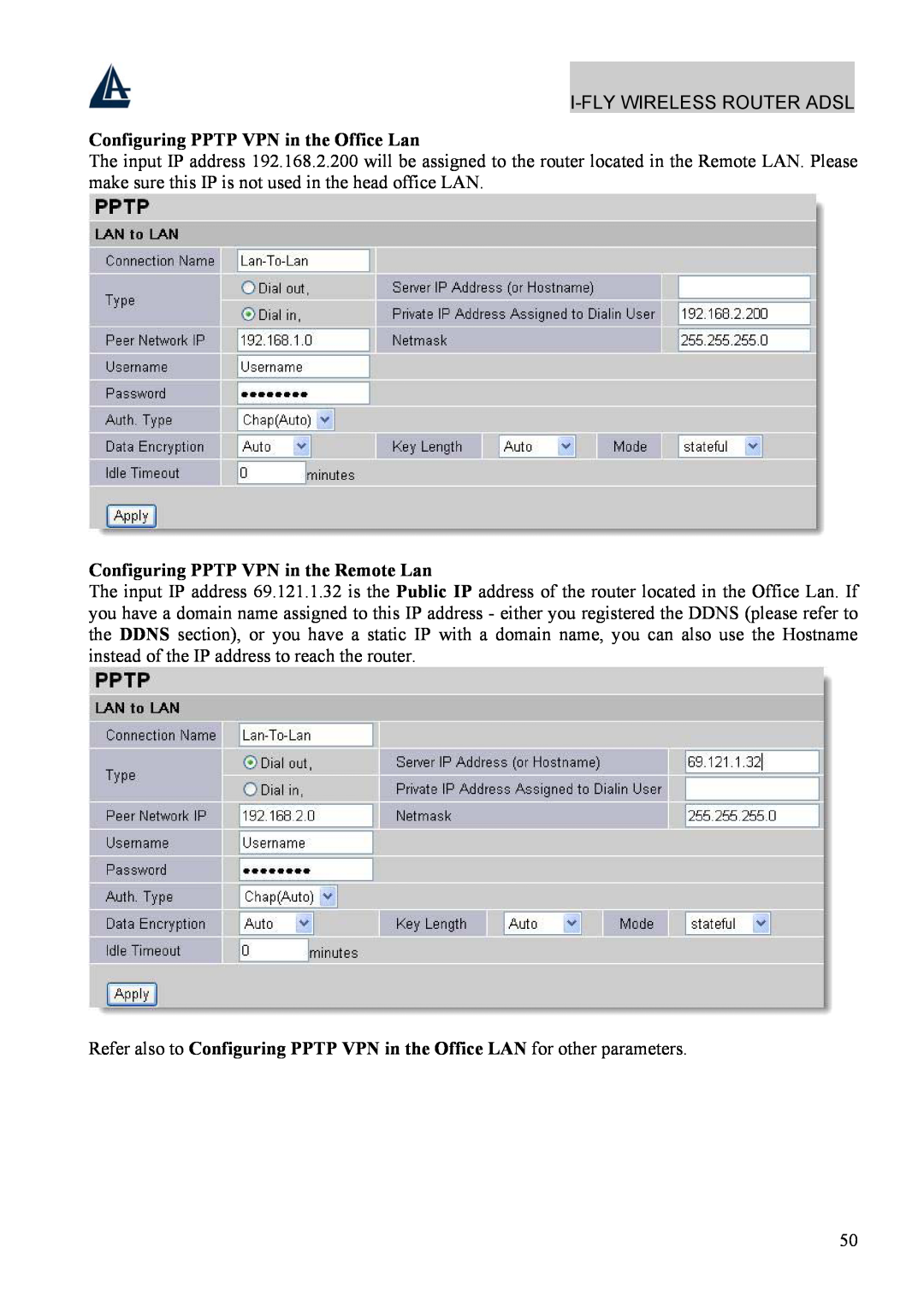 Atlantis Land A02-WRA4-54G manual Configuring PPTP VPN in the Office Lan, Configuring PPTP VPN in the Remote Lan 