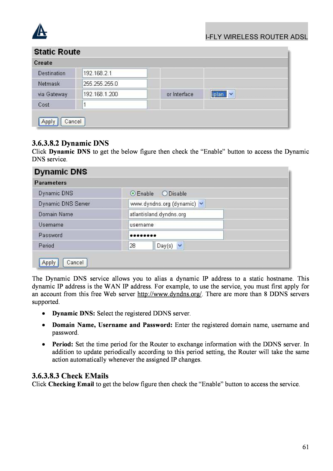 Atlantis Land A02-WRA4-54G manual Dynamic DNS, Check EMails 