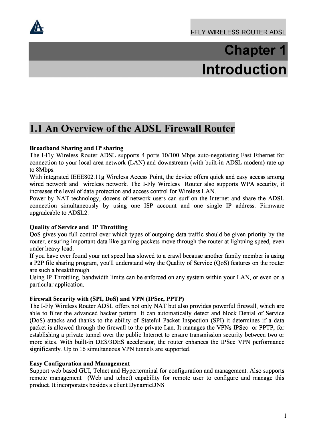 Atlantis Land A02-WRA4-54G manual Introduction, Chapter, An Overview of the ADSL Firewall Router 
