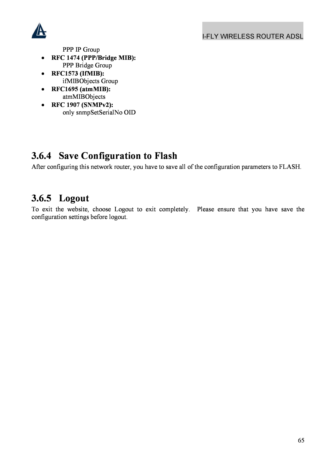 Atlantis Land A02-WRA4-54G manual Save Configuration to Flash, Logout, RFC 1474 PPP/Bridge MIB, RFC 1907 SNMPv2 