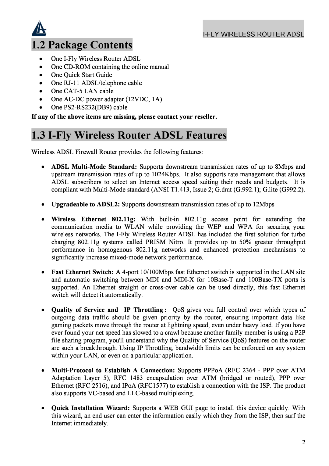 Atlantis Land A02-WRA4-54G manual Package Contents, I-Fly Wireless Router ADSL Features 