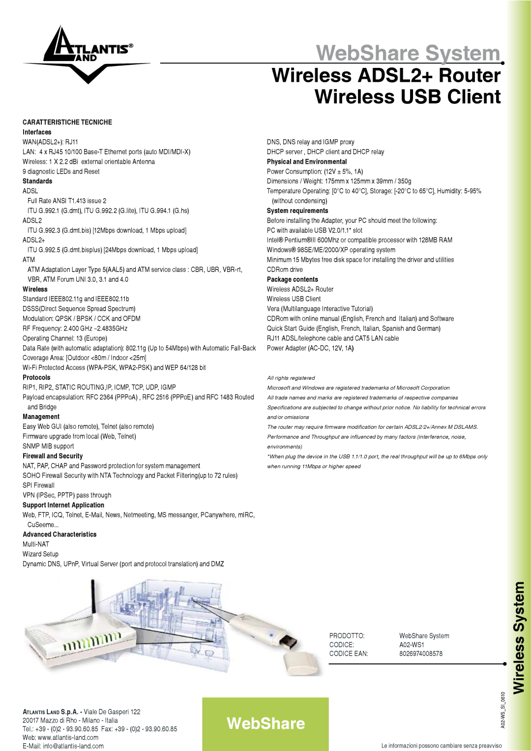 Atlantis Land A02-WS1 Interfaces, Standards, Wireless, Protocols, Management, Firewall and Security, System requirements 