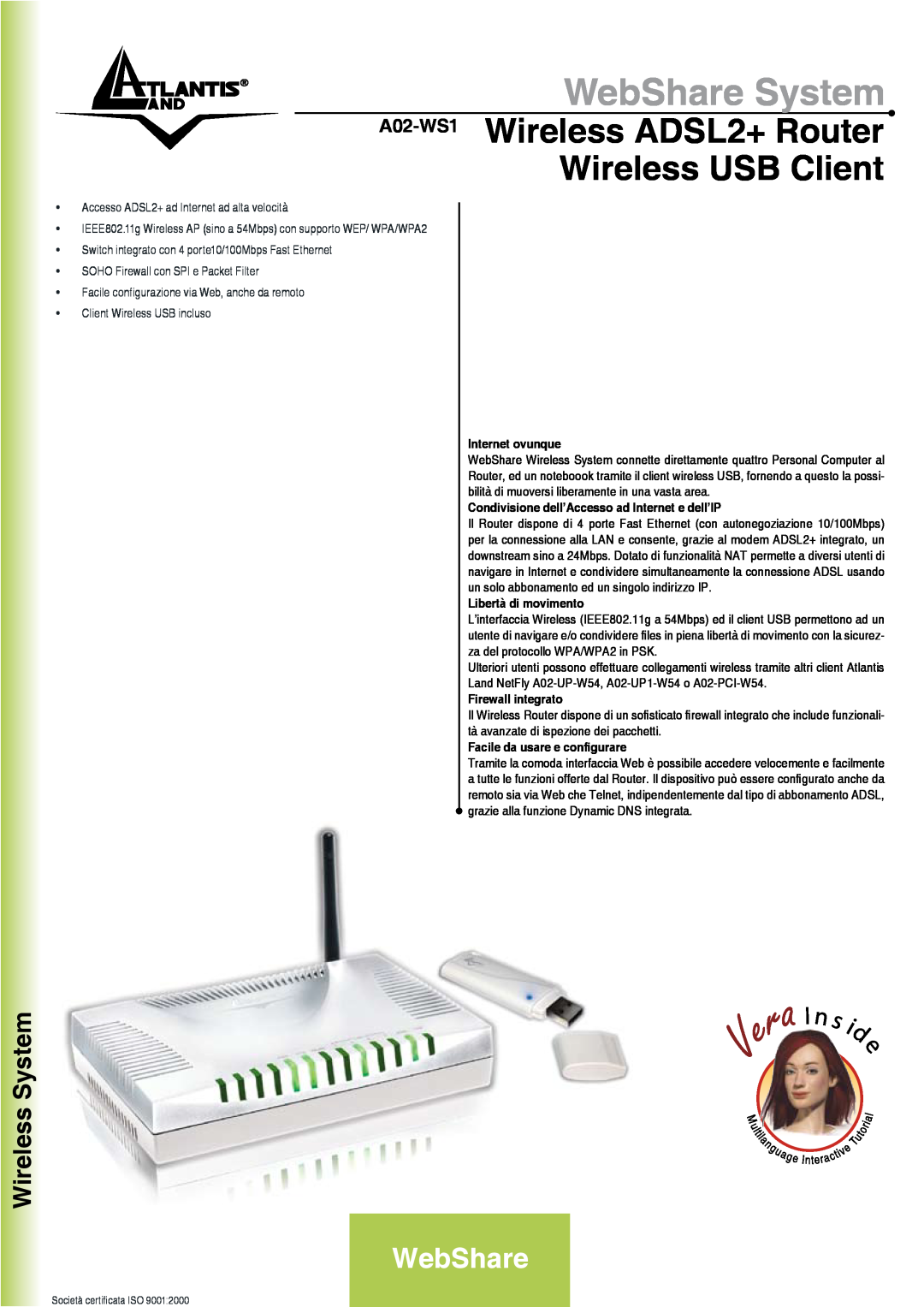 Atlantis Land manual WebShare System, A02-WS1 Wireless ADSL2+ Router Wireless USB Client, Client Wireless USB incluso 