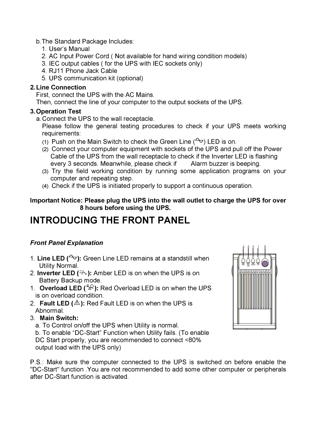 Atlantis Land A03-S801 manual Introducing the Front Panel, Line Connection, Operation Test, Main Switch 