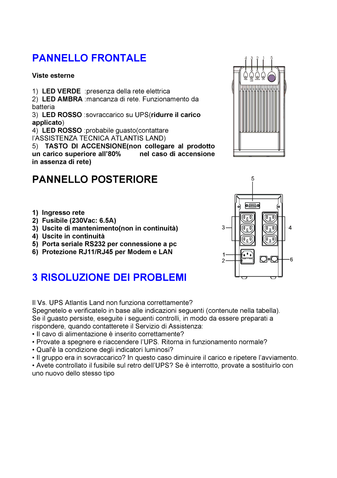 Atlantis Land A03-S801 manual Pannello Frontale, Pannello Posteriore, Risoluzione DEI Problemi, Viste esterne 