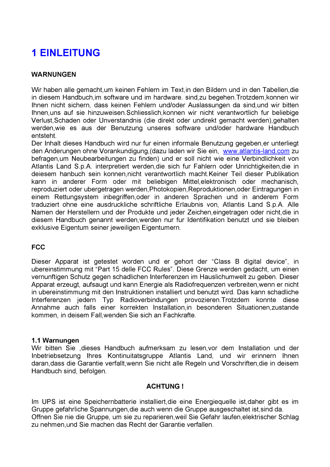 Atlantis Land A03-S801 manual Einleitung, Warnungen, Achtung 